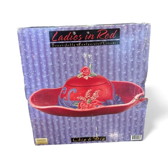 Ladies In Red Ceramic Hat Chip & Dip Set With Floral Design For Entertaining Or - Picture 5 of 5